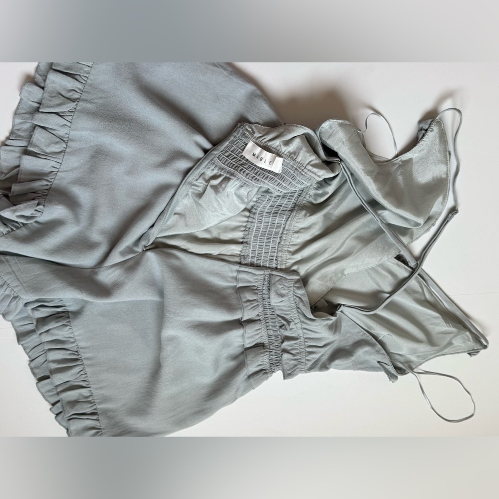MABLE BELLA DUSTY BLUE RUFFLE SLEEVELESS ROMPER Sz M NWOT - Picture 10 of 11